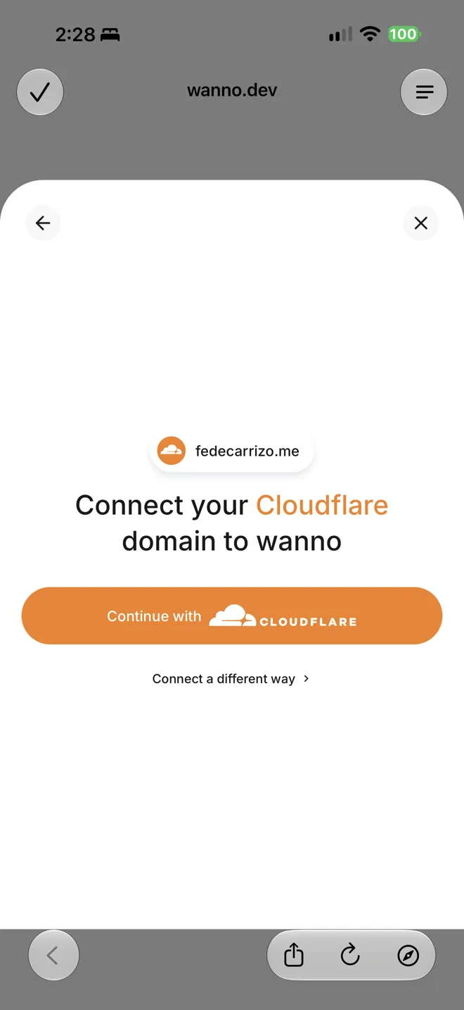 Connect your Cloudflare domain to wanno screen with the Continue with Cloudflare button