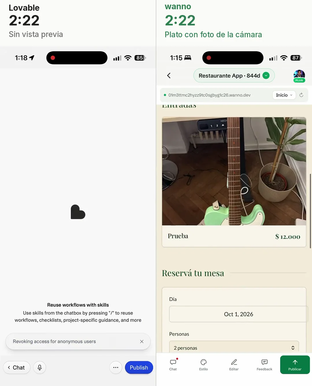 A los 2:22 en el teléfono: Lovable sin vista previa; wanno con el plato cargado con una foto de la cámara