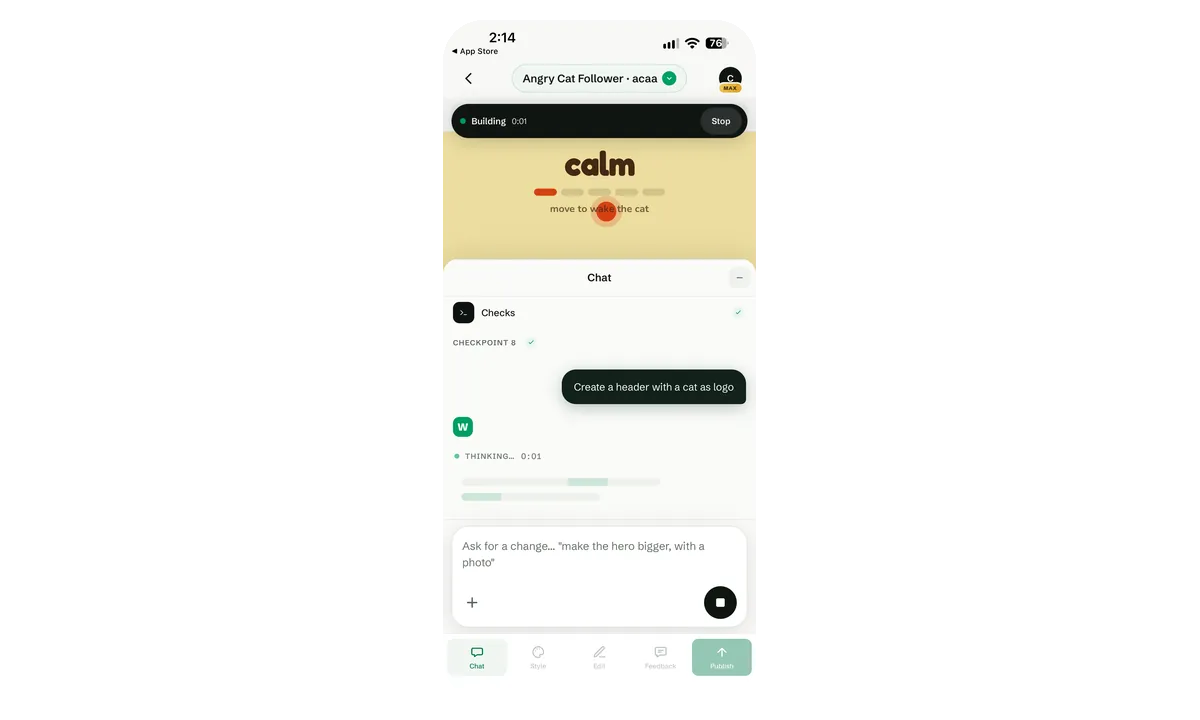 Chat requesting a header with a cat logo, checkpoint 8 visible