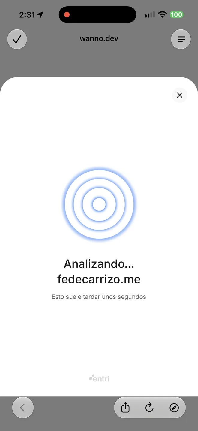 Pantalla Analizando fedecarrizo.me