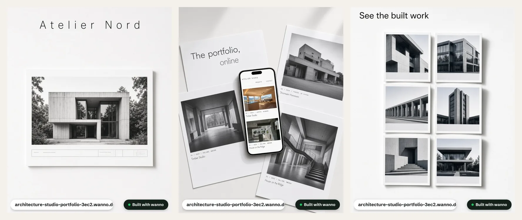 Trois des photos générées pour le portfolio d'architecture