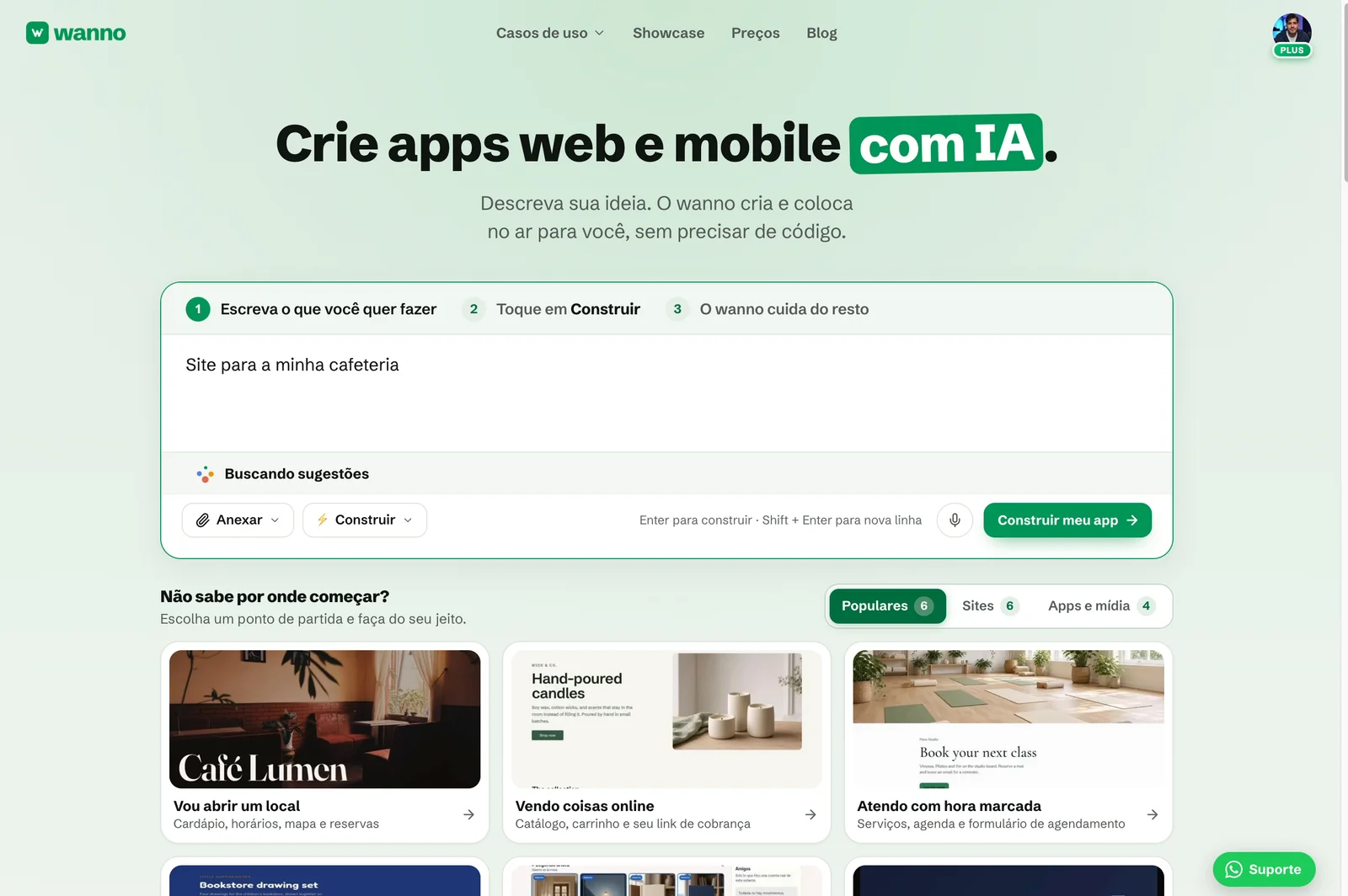 Prompt escrito no wanno.dev com o aviso "Buscando sugestões" logo abaixo