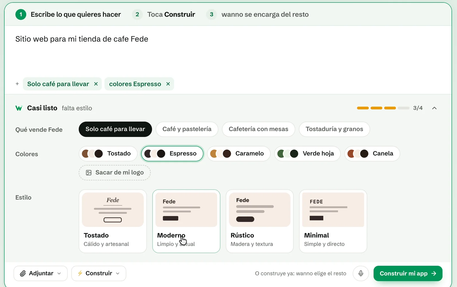 Panel de sugerencias con opciones de tipo de negocio, paleta de colores y estilos visuales