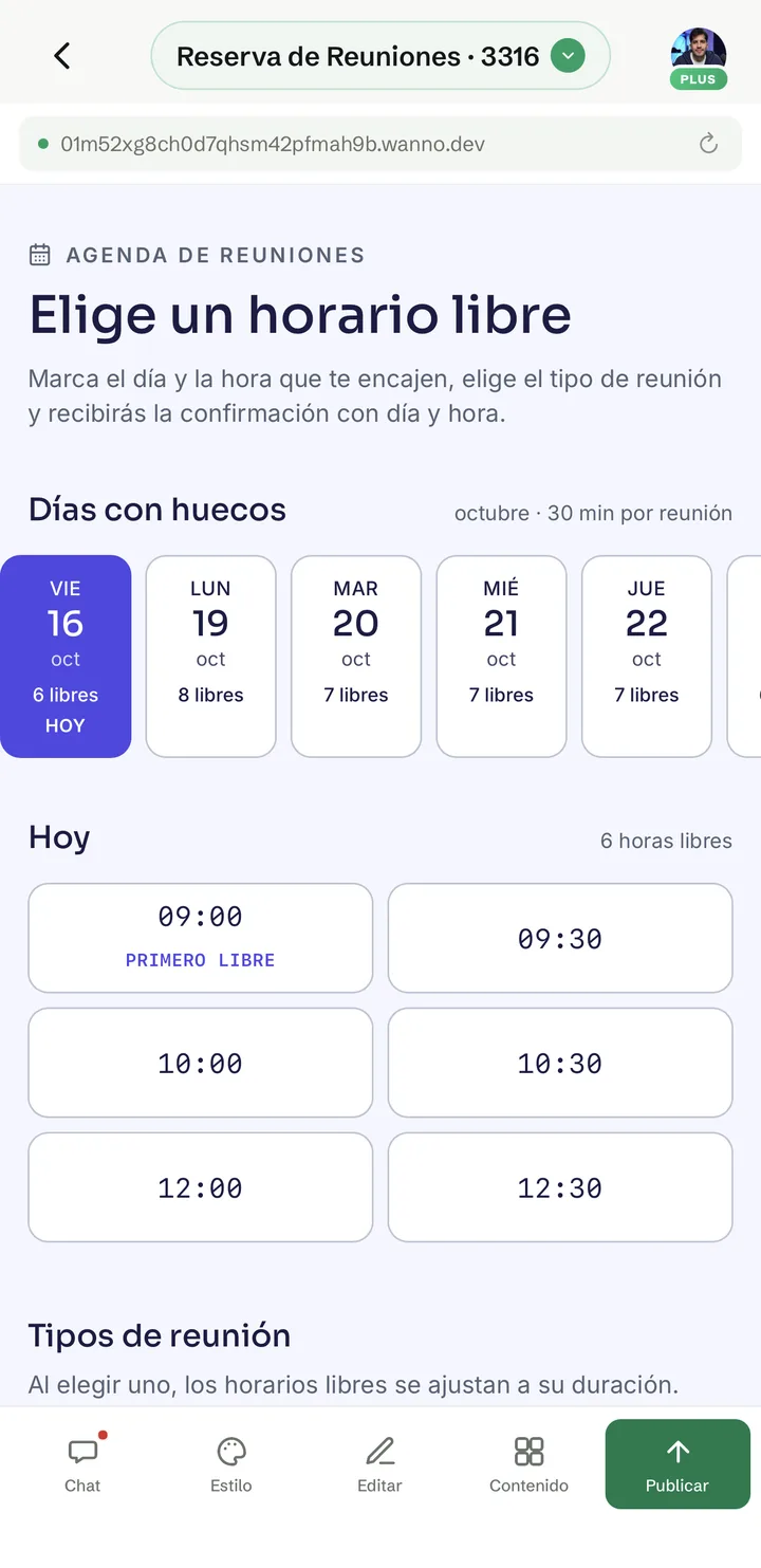 App d'agenda de rendez-vous sur wanno, avec les jours disponibles et les créneaux libres du jour