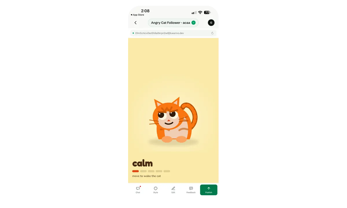 Angry Cat Follower, an app built with wanno, running on a phone