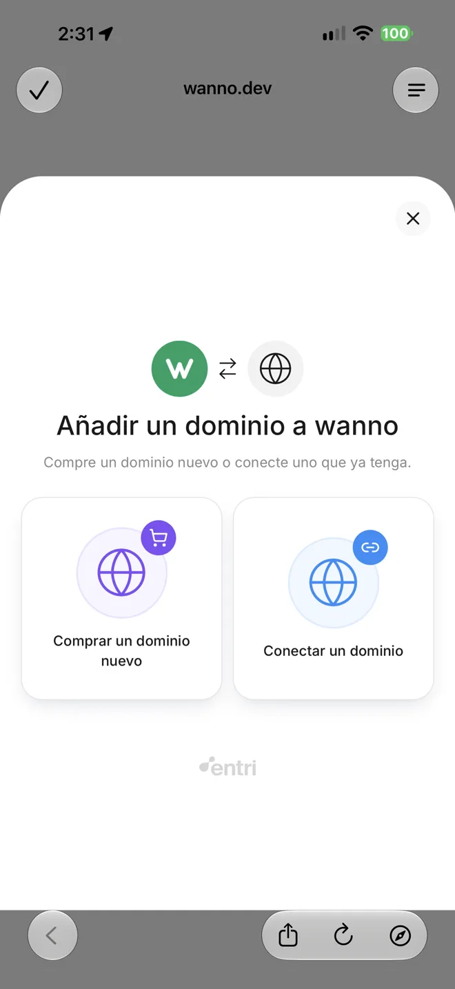 Pantalla Añadir un dominio a wanno con las opciones comprar o conectar