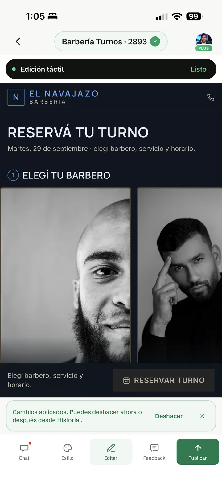 La foto del barbero reemplazada y el aviso Cambios aplicados con la opción Deshacer
