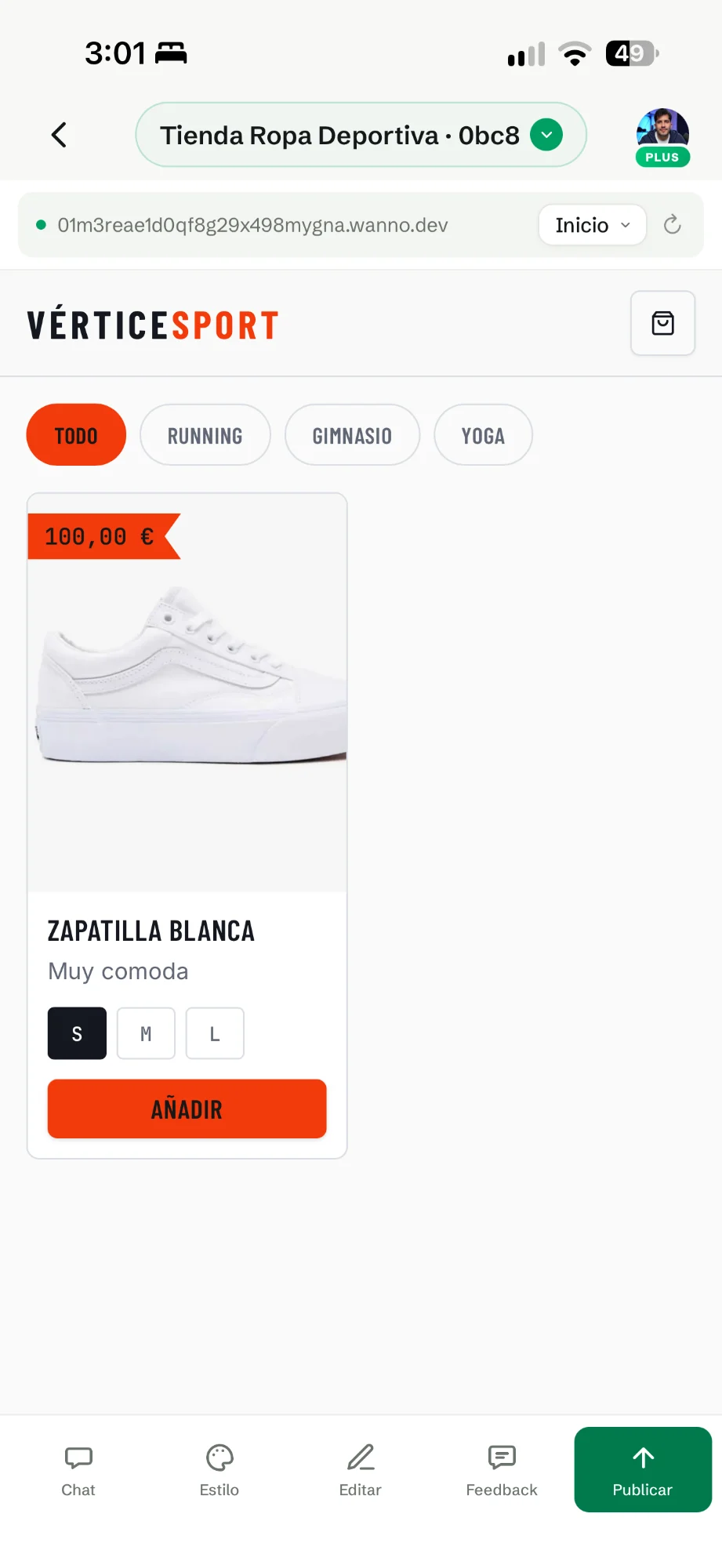 La tienda Vértice Sport con la zapatilla blanca, su precio, tallas y el botón Añadir