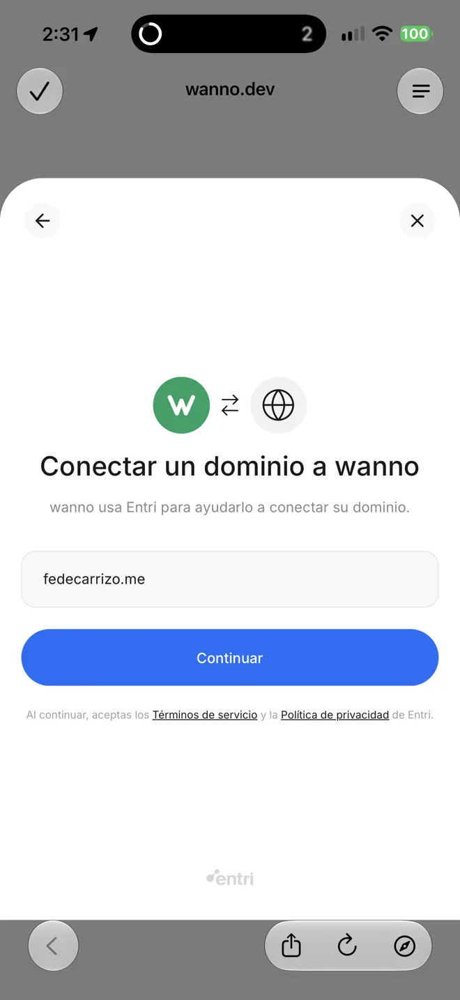 Campo con el dominio fedecarrizo.me y el botón Continuar