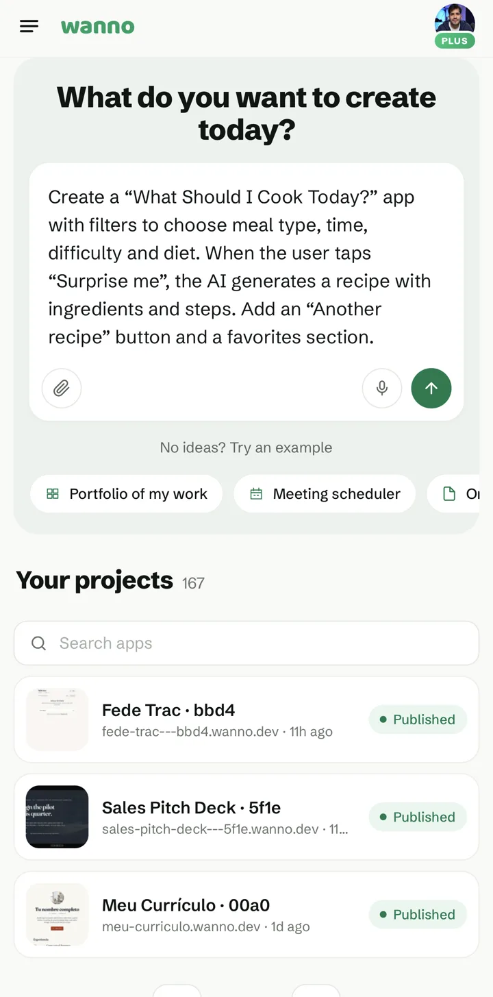 What Should I Cook Today? prompt typed on the wanno home screen