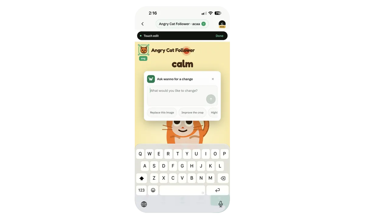 Touch edit: the logo selected with an Ask wanno for a change popover