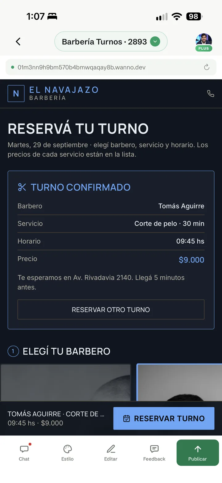 Turno confirmado con barbero, servicio, horario y precio