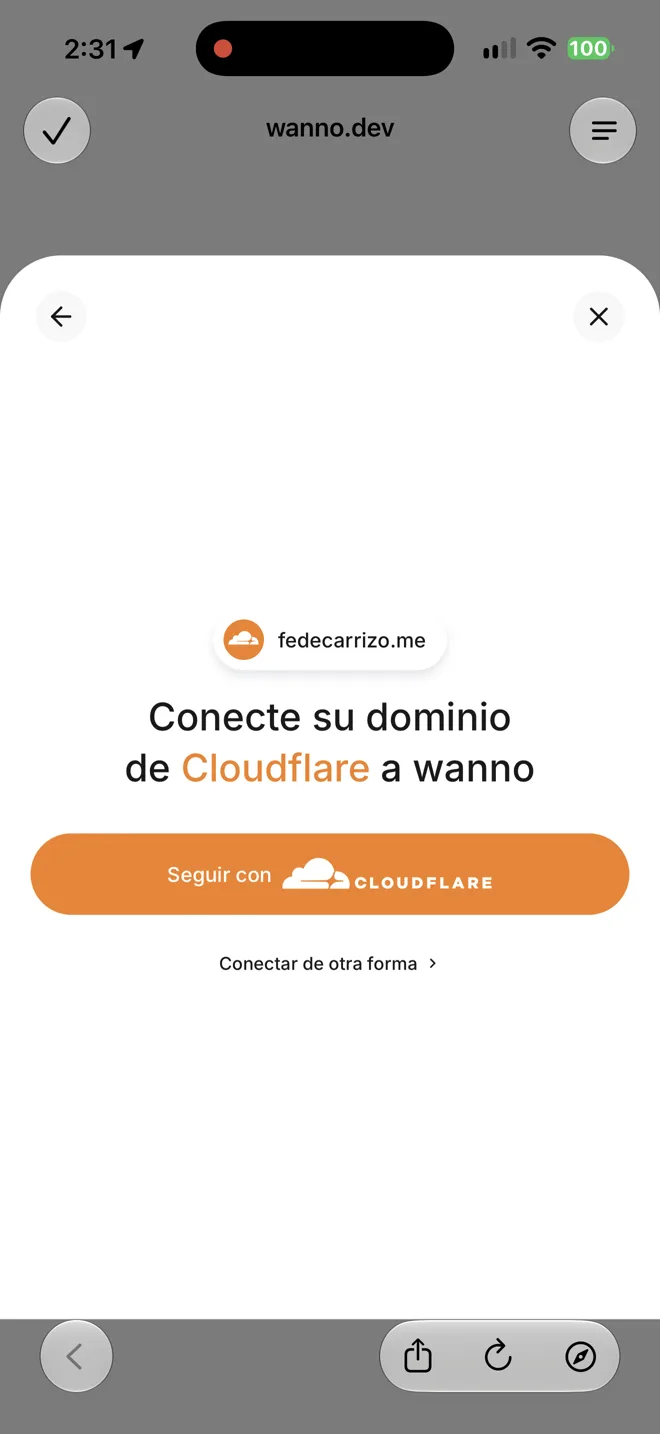 Pantalla Conecte su dominio de Cloudflare a wanno con el botón Seguir con Cloudflare