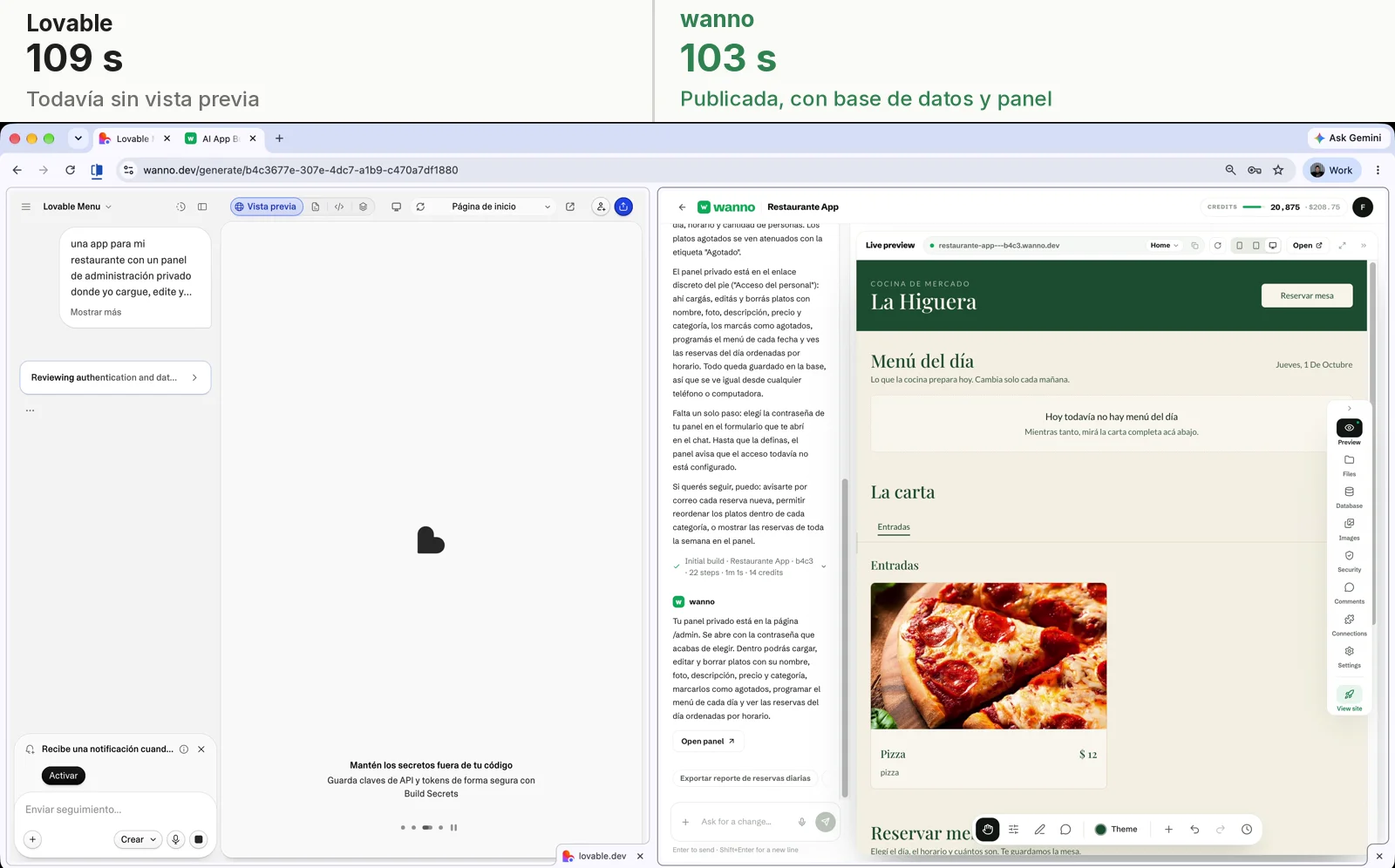 Al cortar la grabación: Lovable sigue sin vista previa a los 109 segundos; wanno publicada a los 103