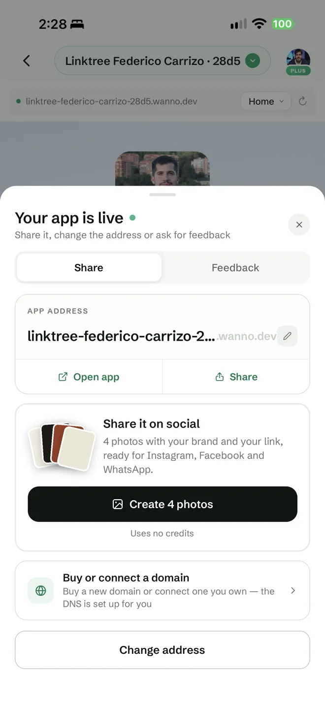 The "Your app is live" panel with the Buy or connect a domain option