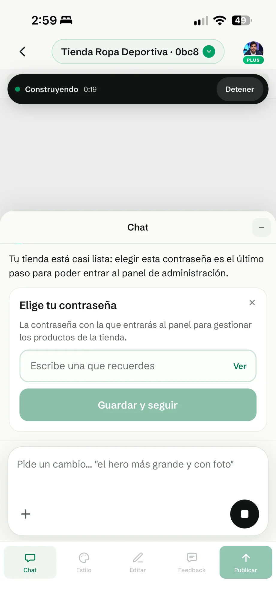 Tarjeta Elige tu contraseña en el chat, mientras wanno construye la tienda