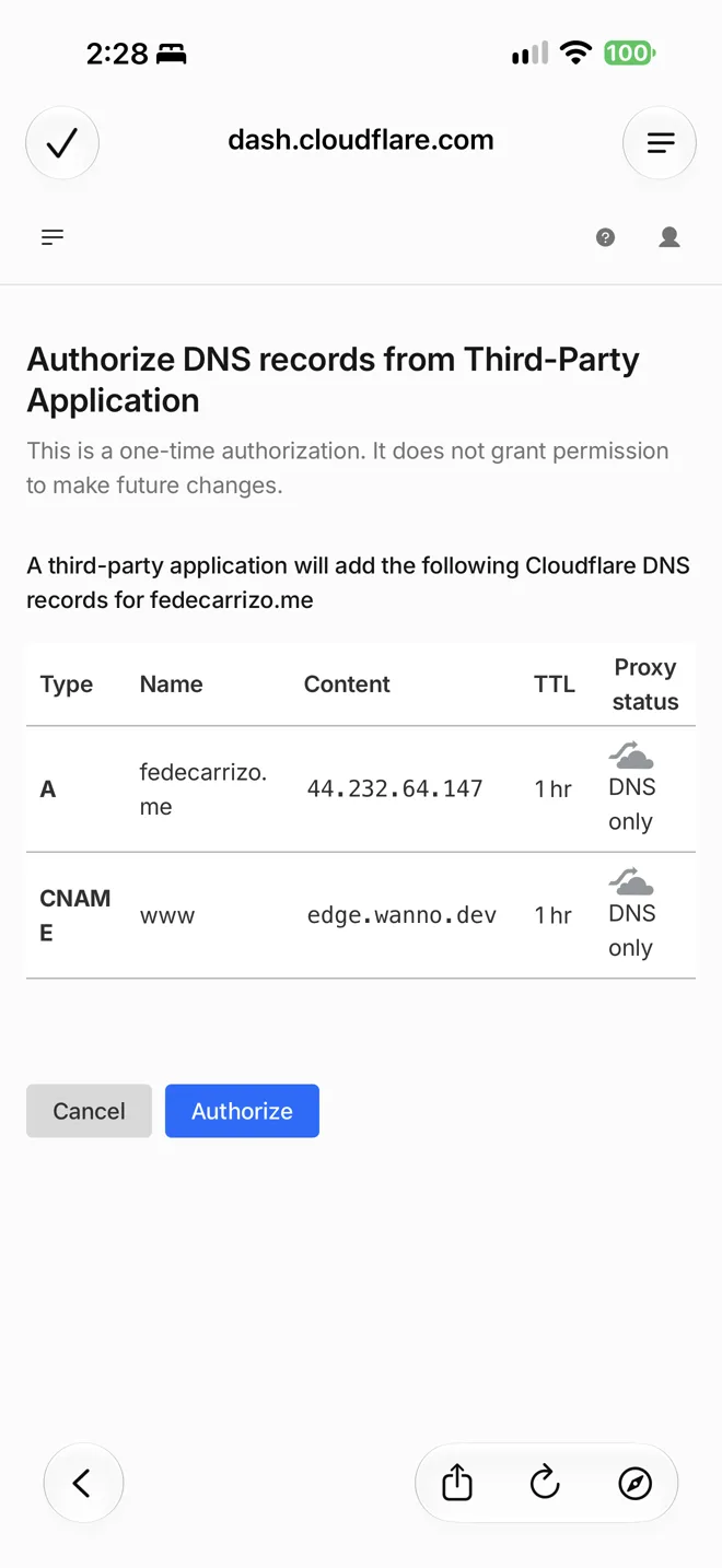 Cloudflare page to authorize the DNS records for fedecarrizo.me