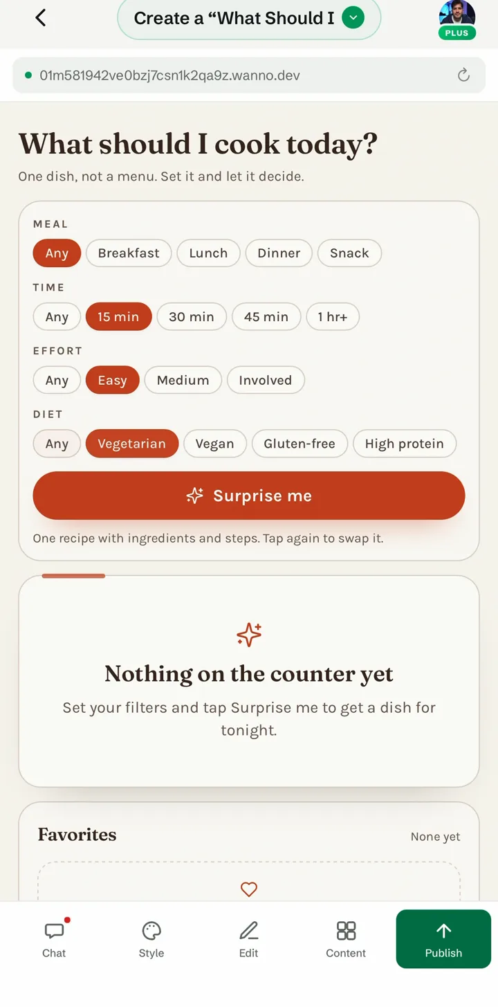 App filters with 15 min, Easy and Vegetarian selected