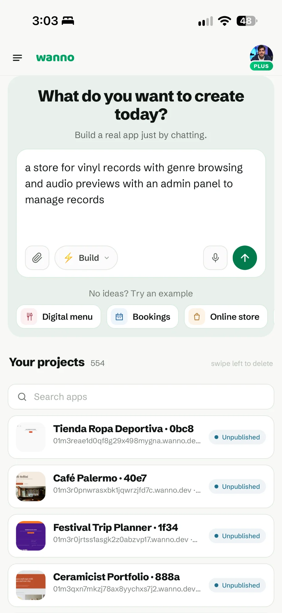wanno home screen with the vinyl store prompt