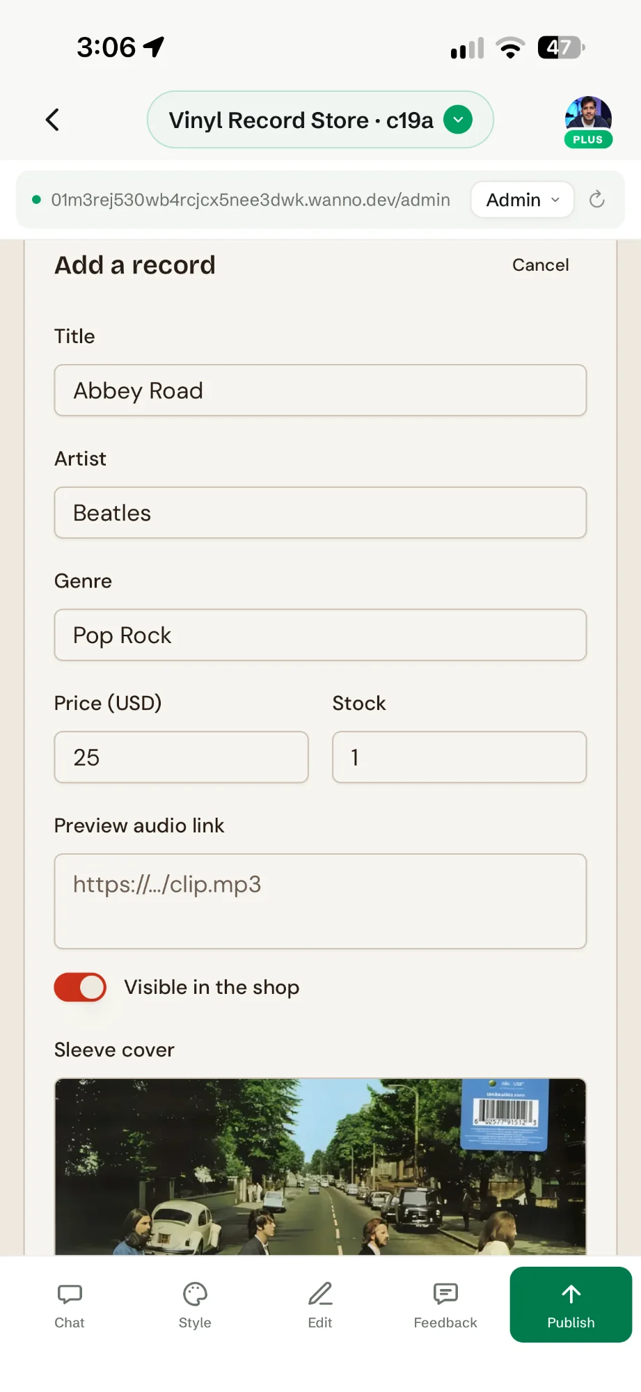 Add a record form with title, artist, genre, price, stock, audio link and cover