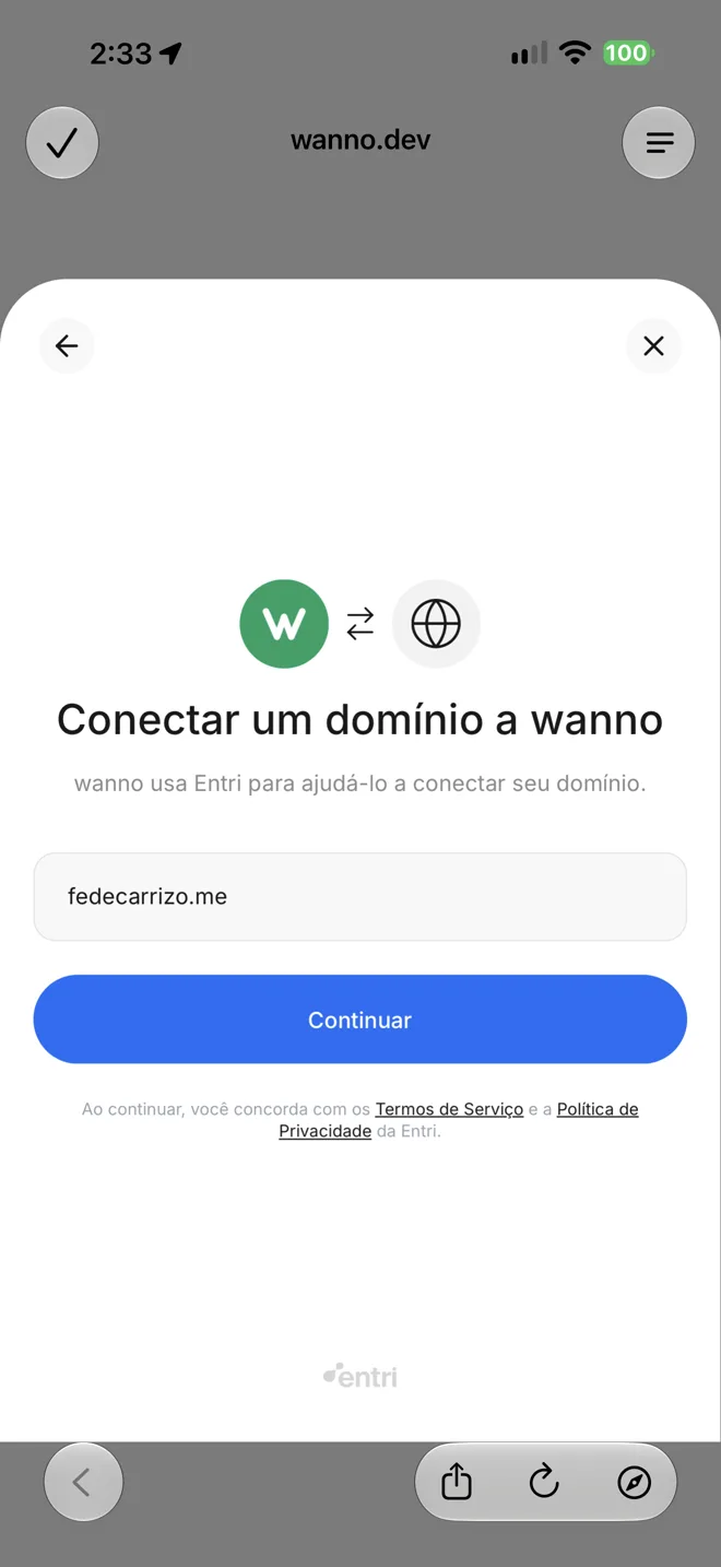 Campo com o domínio fedecarrizo.me e o botão Continuar