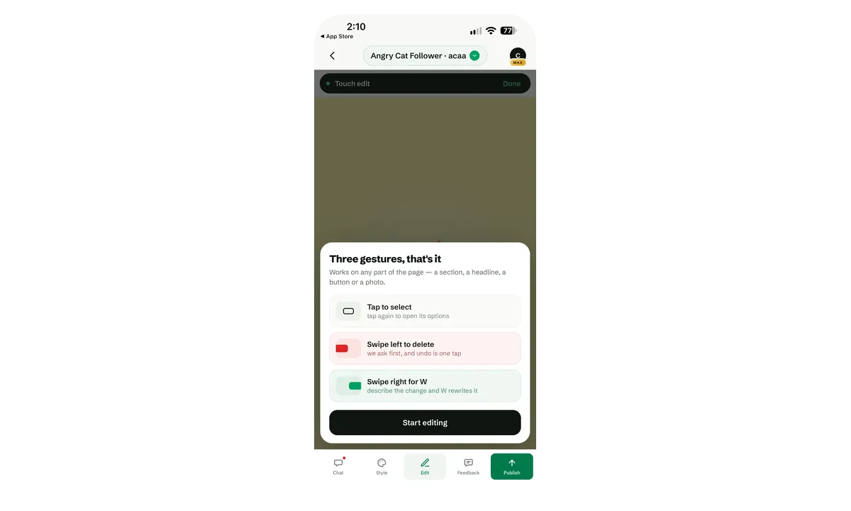 Three gestures explainer: tap to select, swipe left to delete, swipe right for W