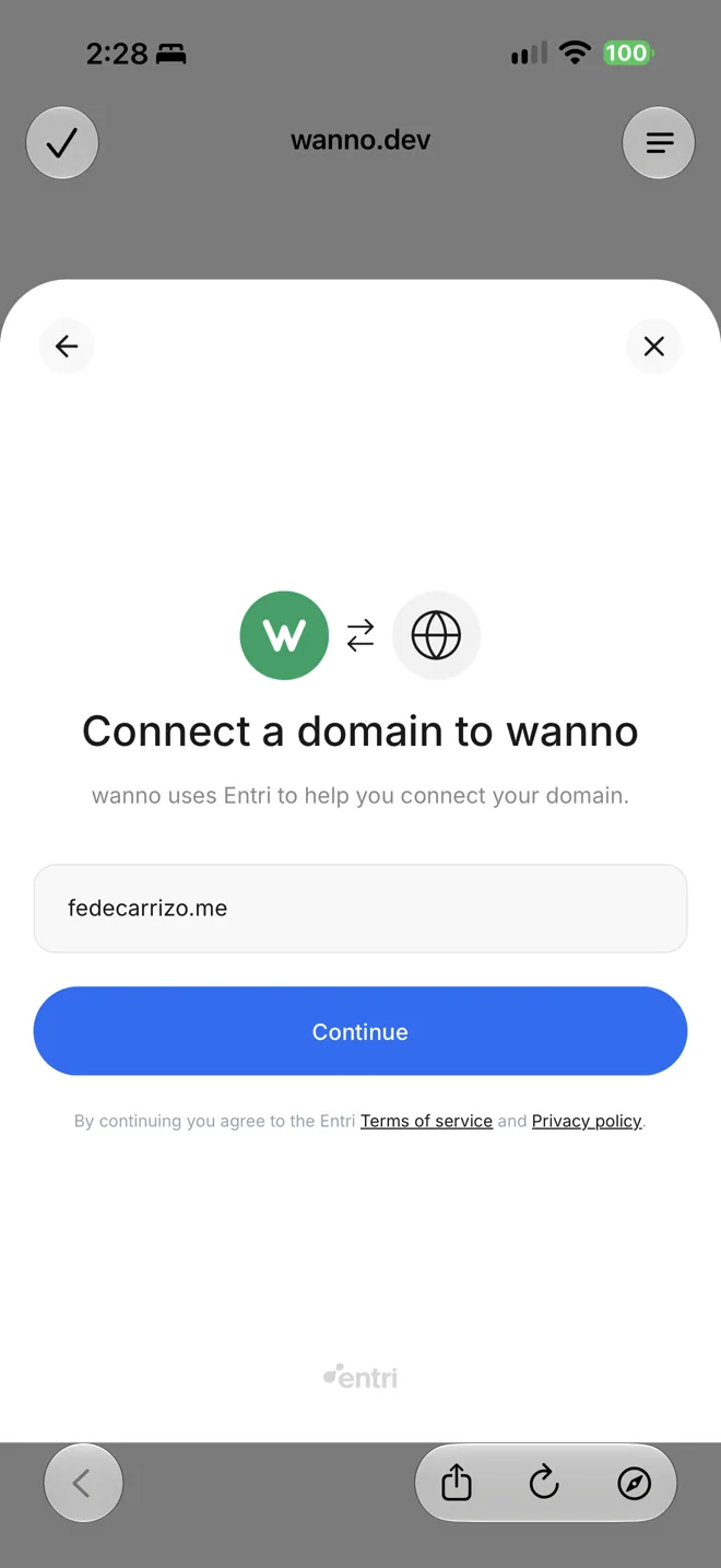 Field with the domain fedecarrizo.me and the Continue button