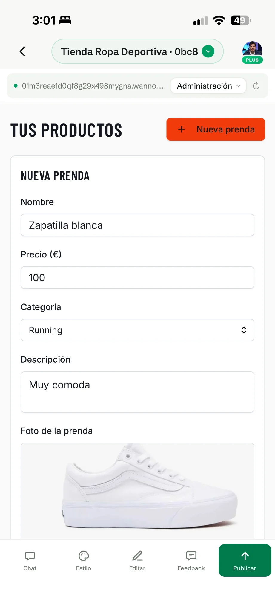 Formulario Nueva prenda con nombre, precio, categoría, descripción y foto