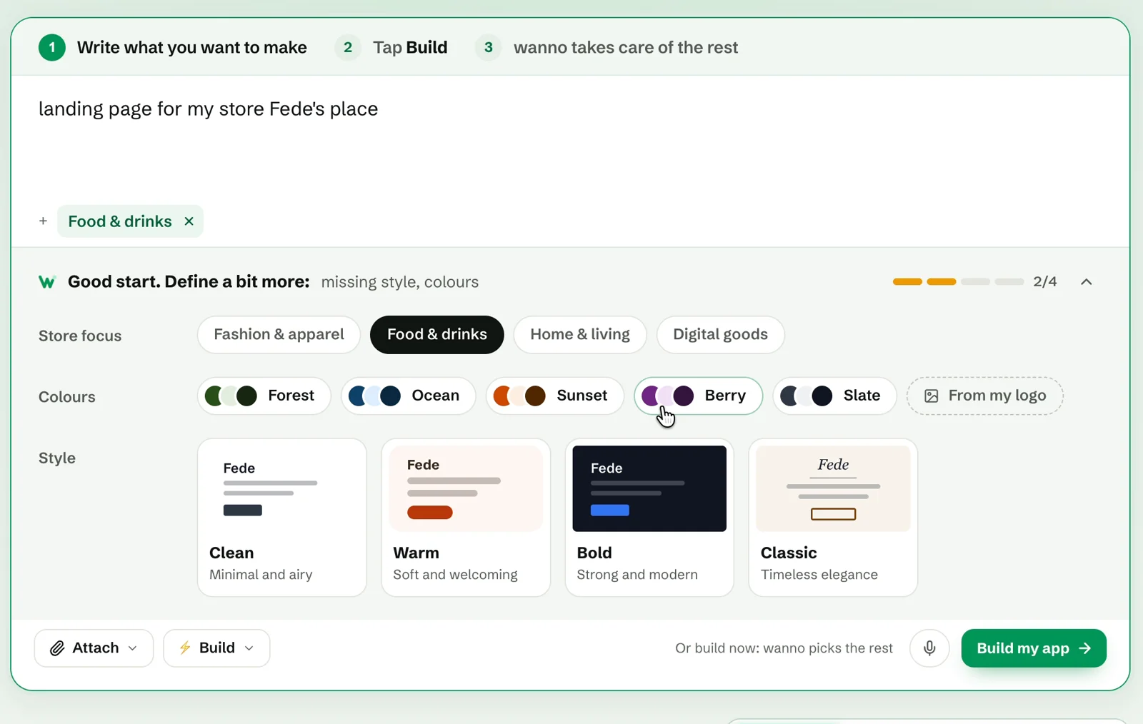 Suggestions panel with store focus, color palettes and visual styles