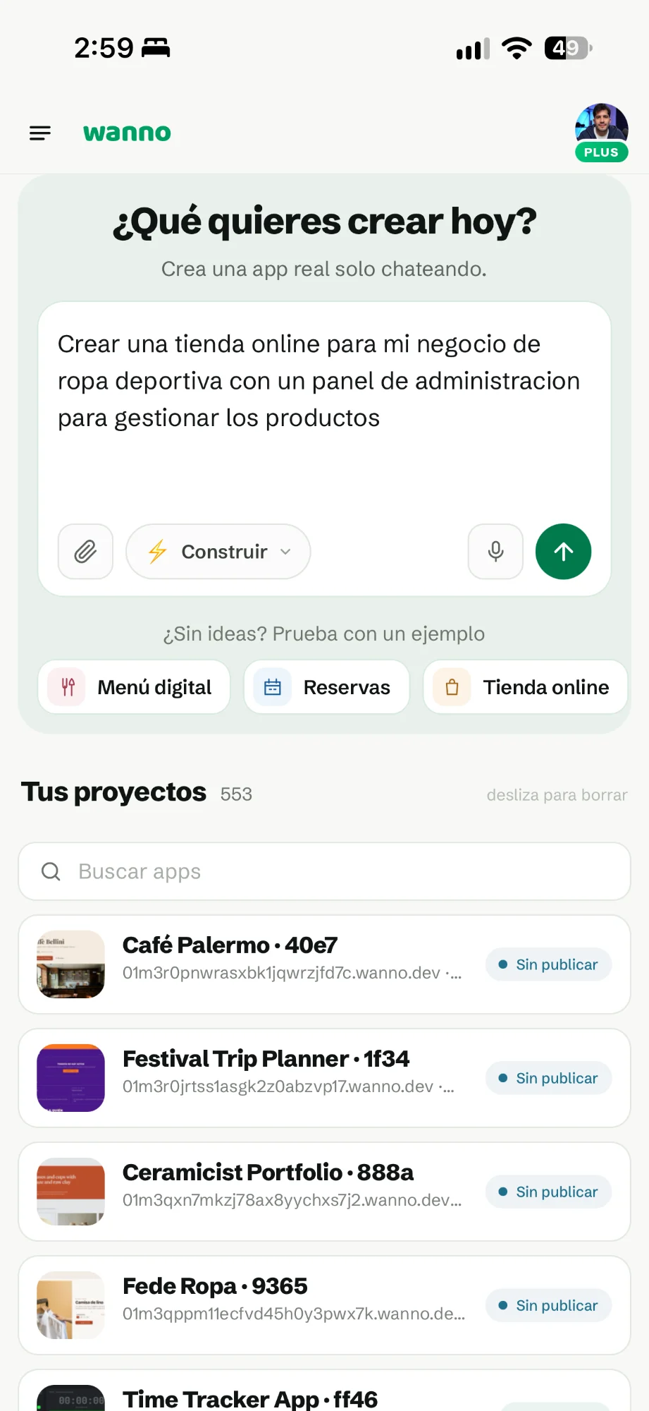 Pantalla de inicio de wanno con el prompt de la tienda de ropa deportiva