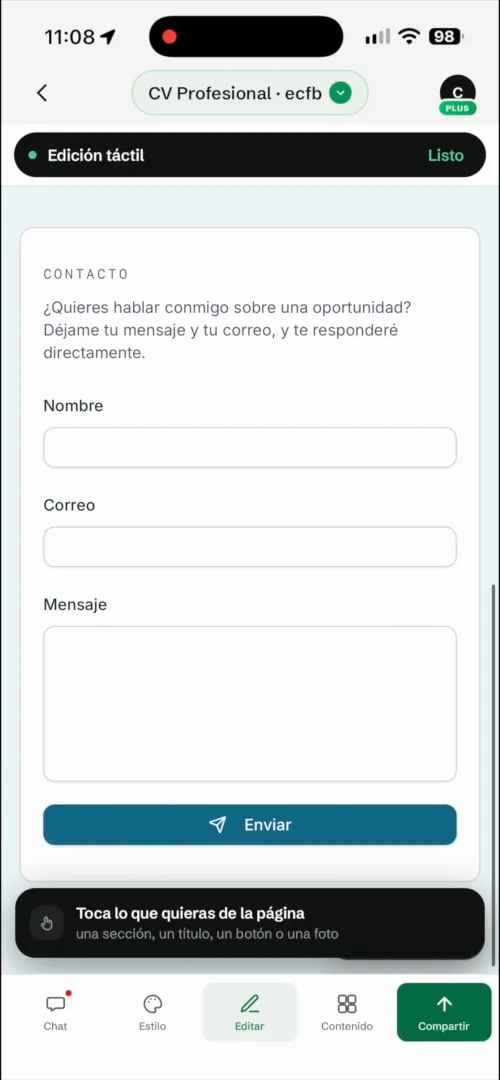 Formulario de contacto en el CV