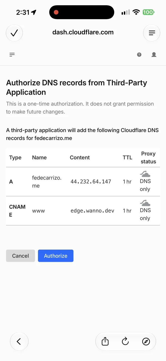 Página de Cloudflare para autorizar los registros DNS de fedecarrizo.me