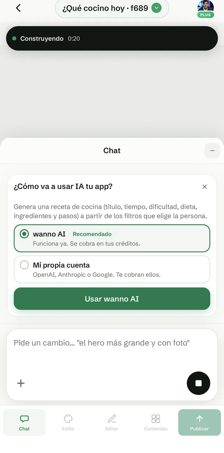Tarjeta ¿Cómo va a usar IA tu app? con la opción wanno AI seleccionada