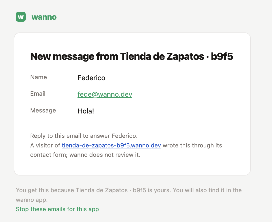 Mail de wanno con un mensaje nuevo del formulario de contacto