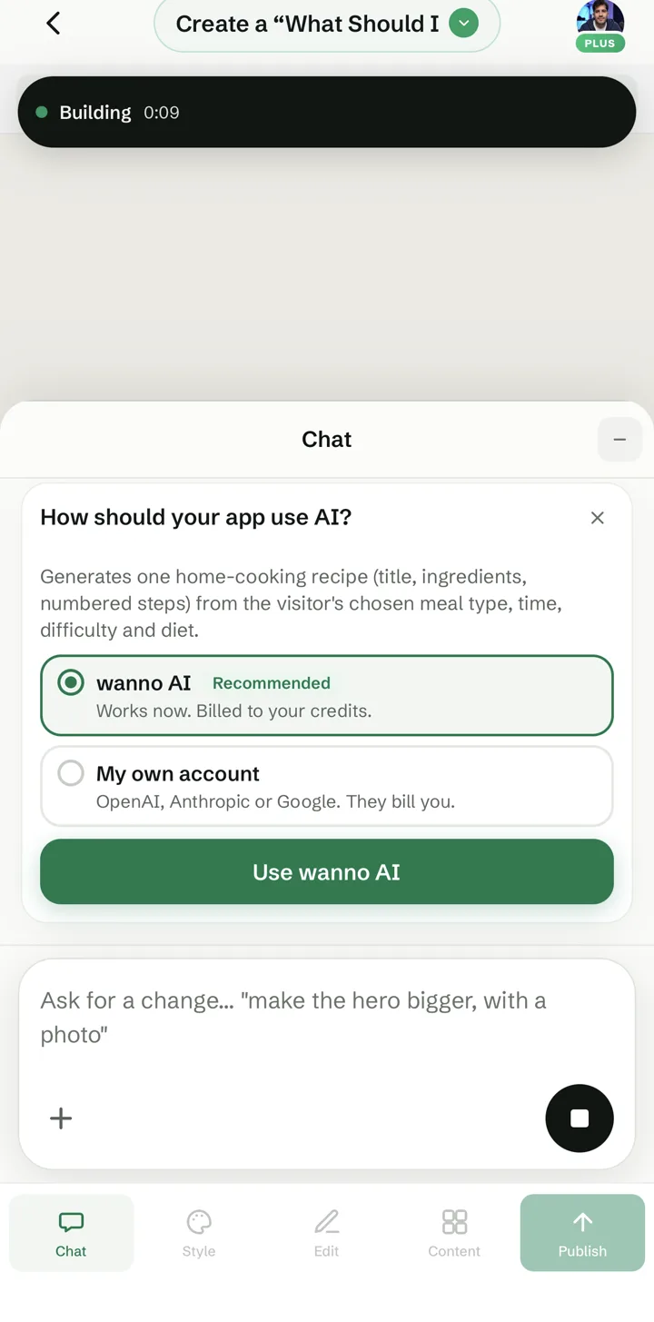 “How should your app use AI?” card with wanno AI selected