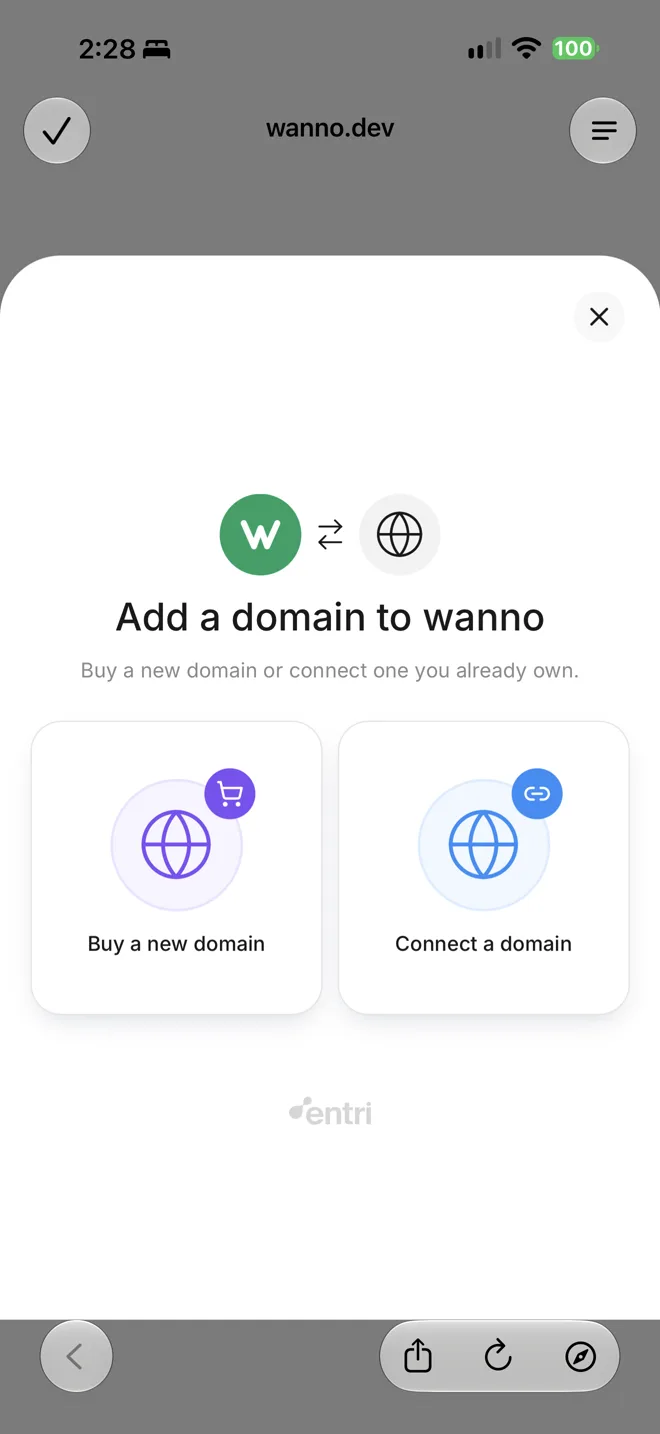 Add a domain to wanno screen with the buy and connect options