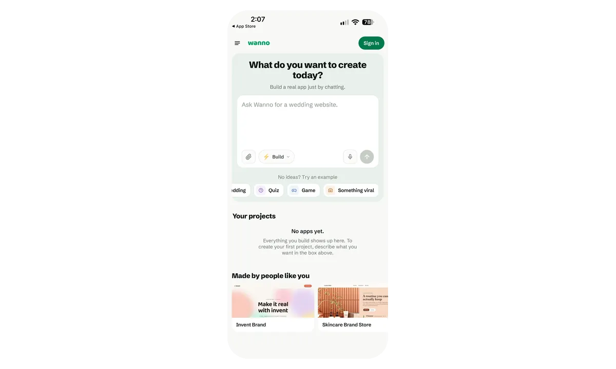 wanno home screen with an empty prompt box