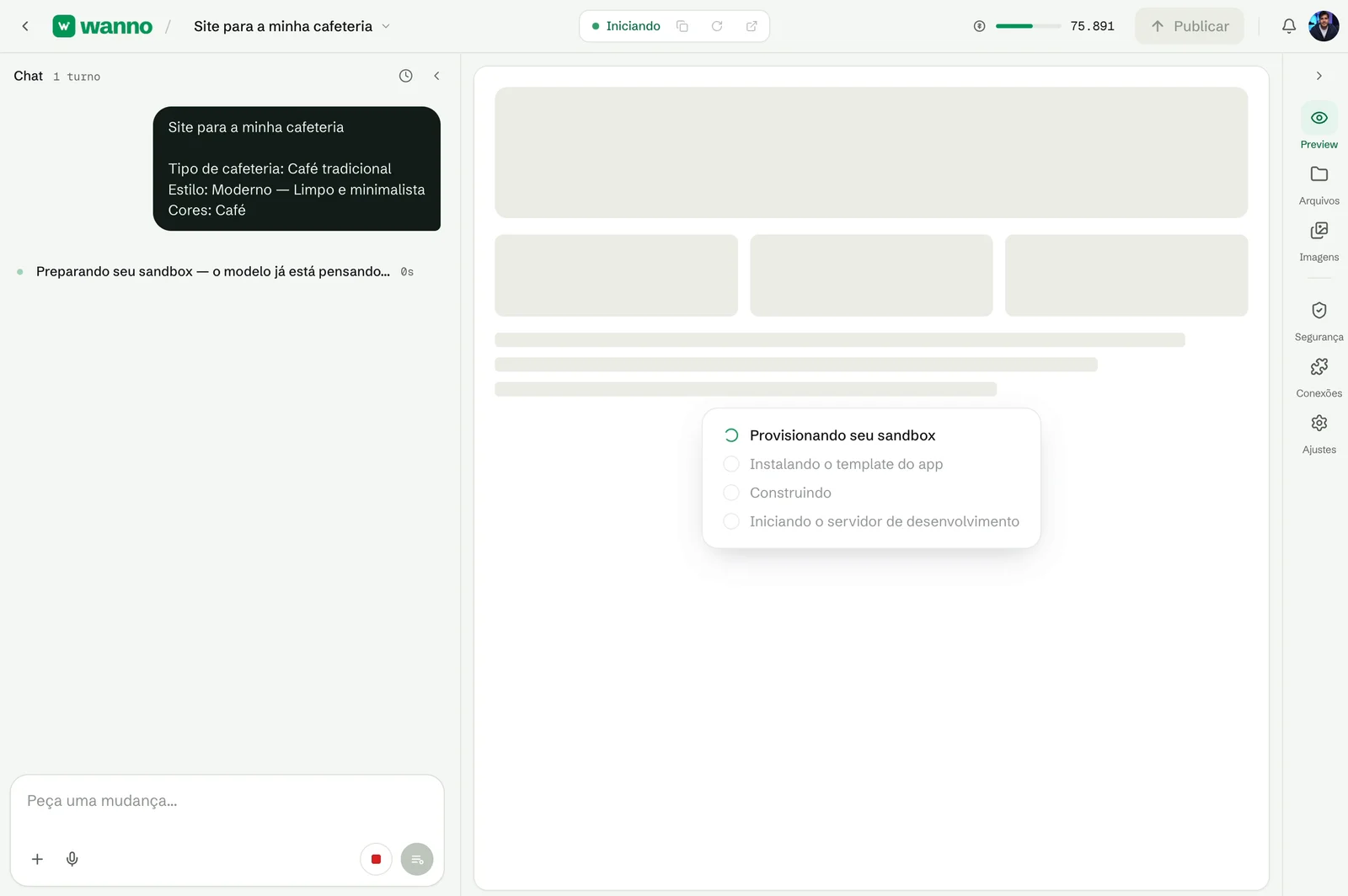 Editor do wanno com o resumo do pedido e o progresso da construção