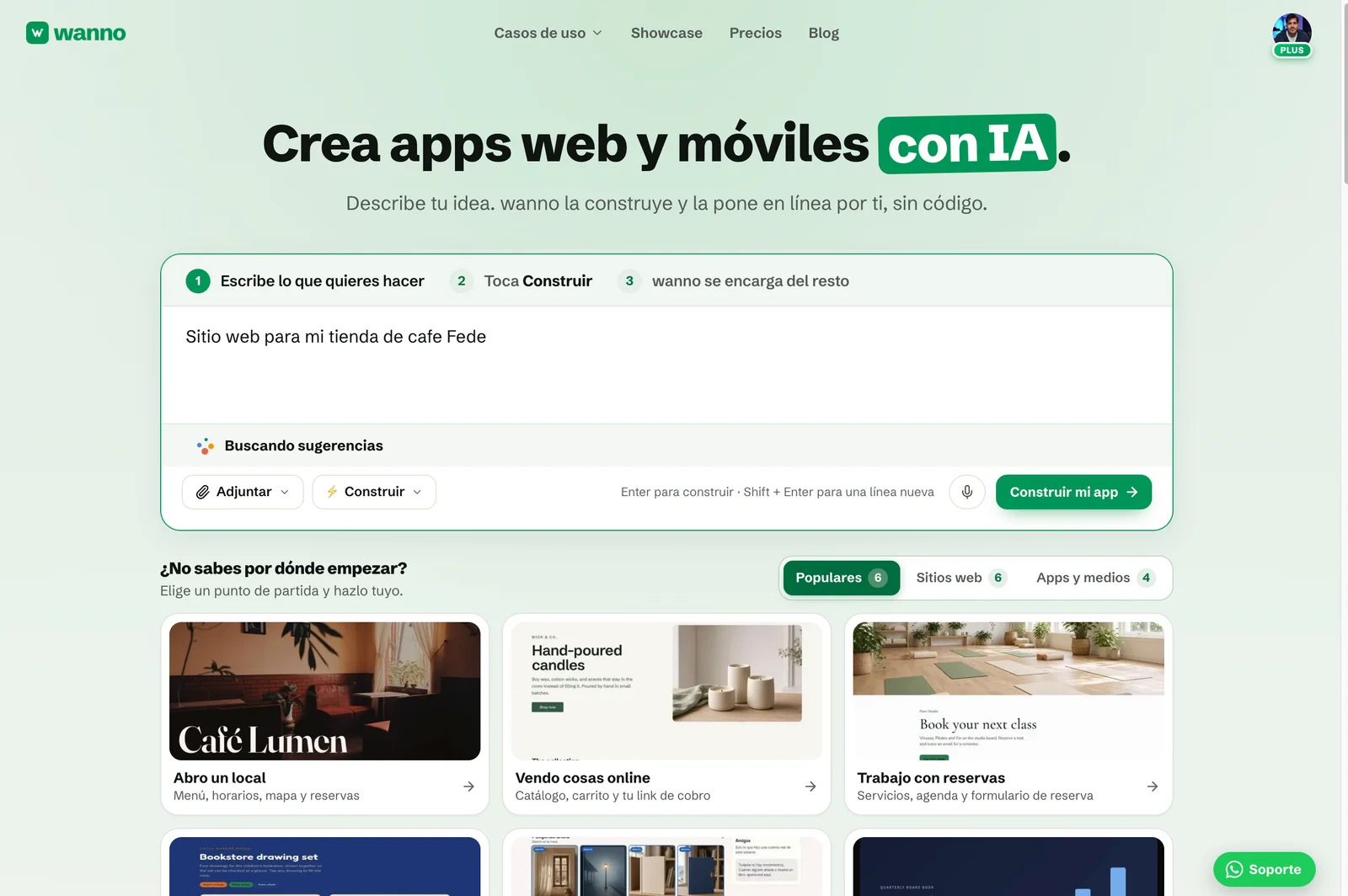Prompt escrito en wanno.dev con el aviso "Buscando sugerencias" debajo