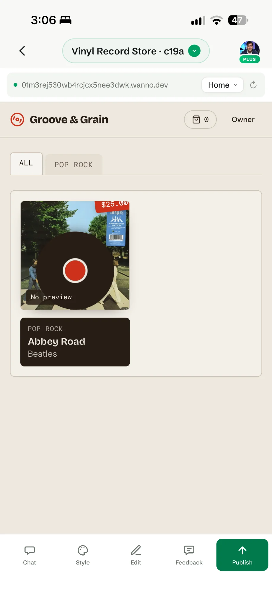 Groove & Grain store with Abbey Road, the price tag and a Pop Rock tab