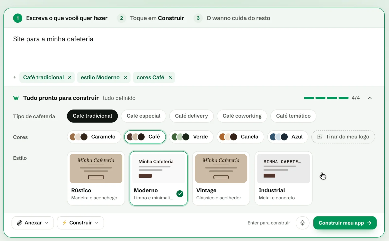 Prompt com as etiquetas escolhidas e o painel em "Tudo pronto para construir"