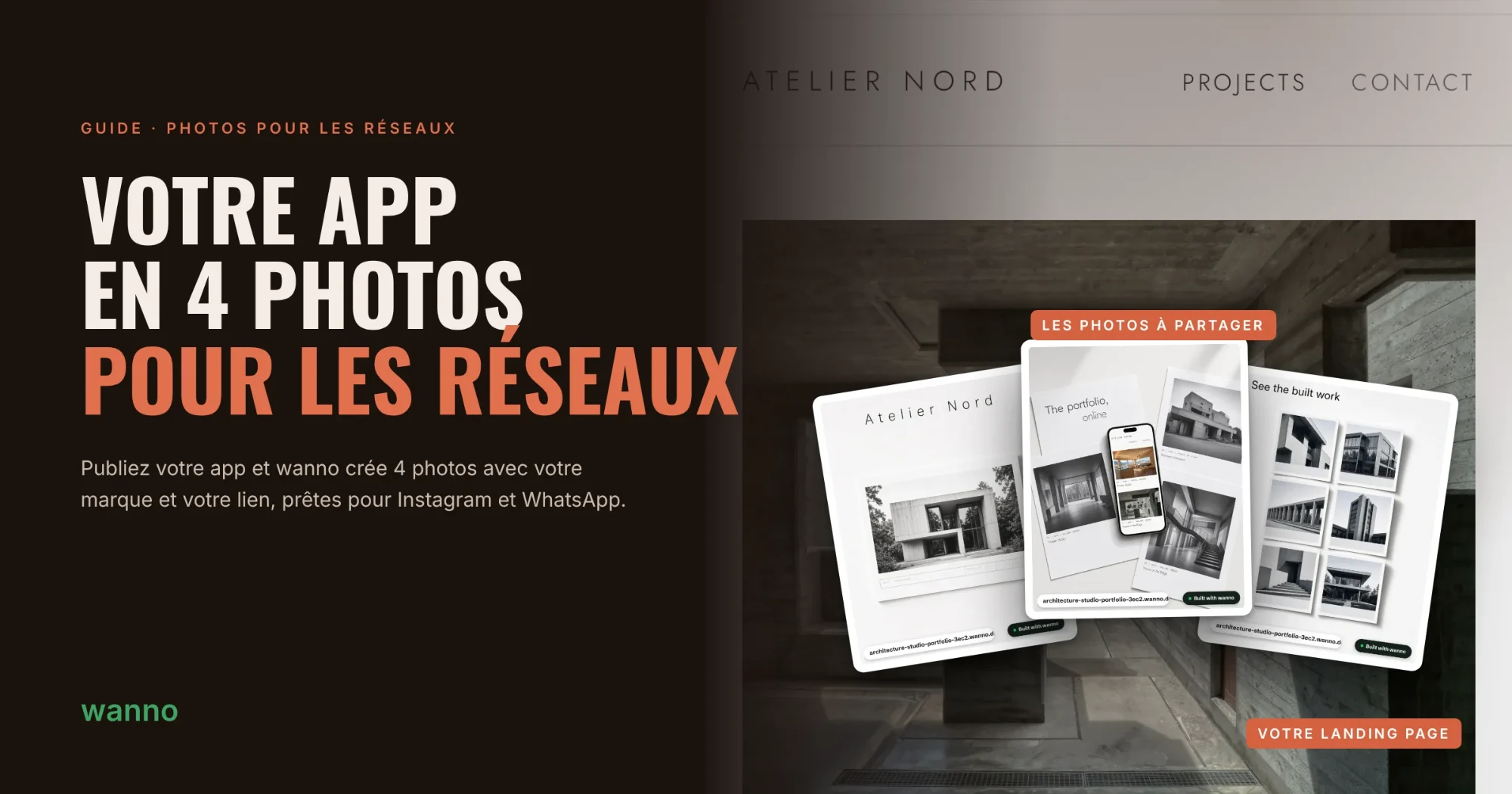 Couverture : la landing page du portfolio Atelier Nord et les 4 photos créées par wanno, prêtes à partager sur les réseaux