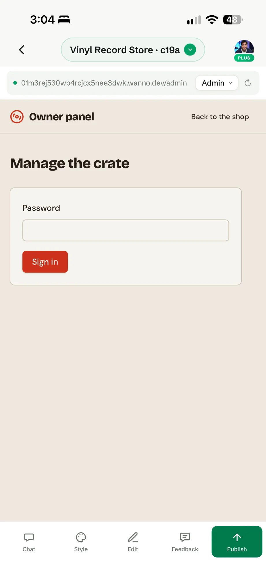 Owner panel sign-in screen, Manage the crate