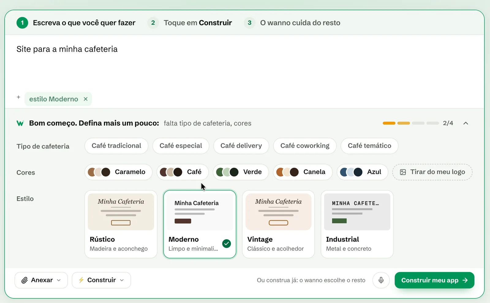 Painel de sugestões com tipo de cafeteria, paletas de cores e estilos visuais