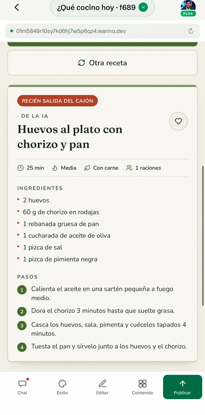 Receta generada con IA: huevos al plato con chorizo y pan