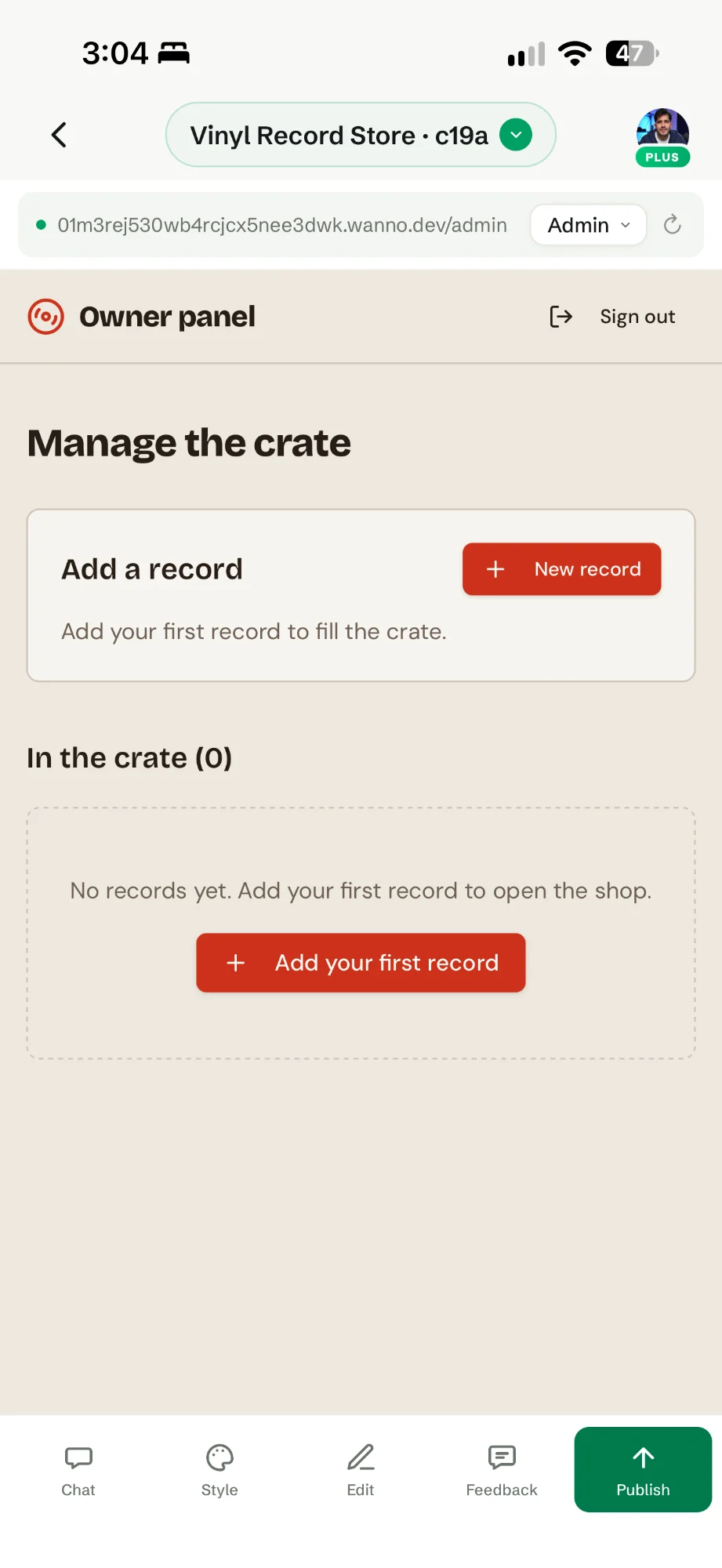 Owner panel with Add a record and an empty crate