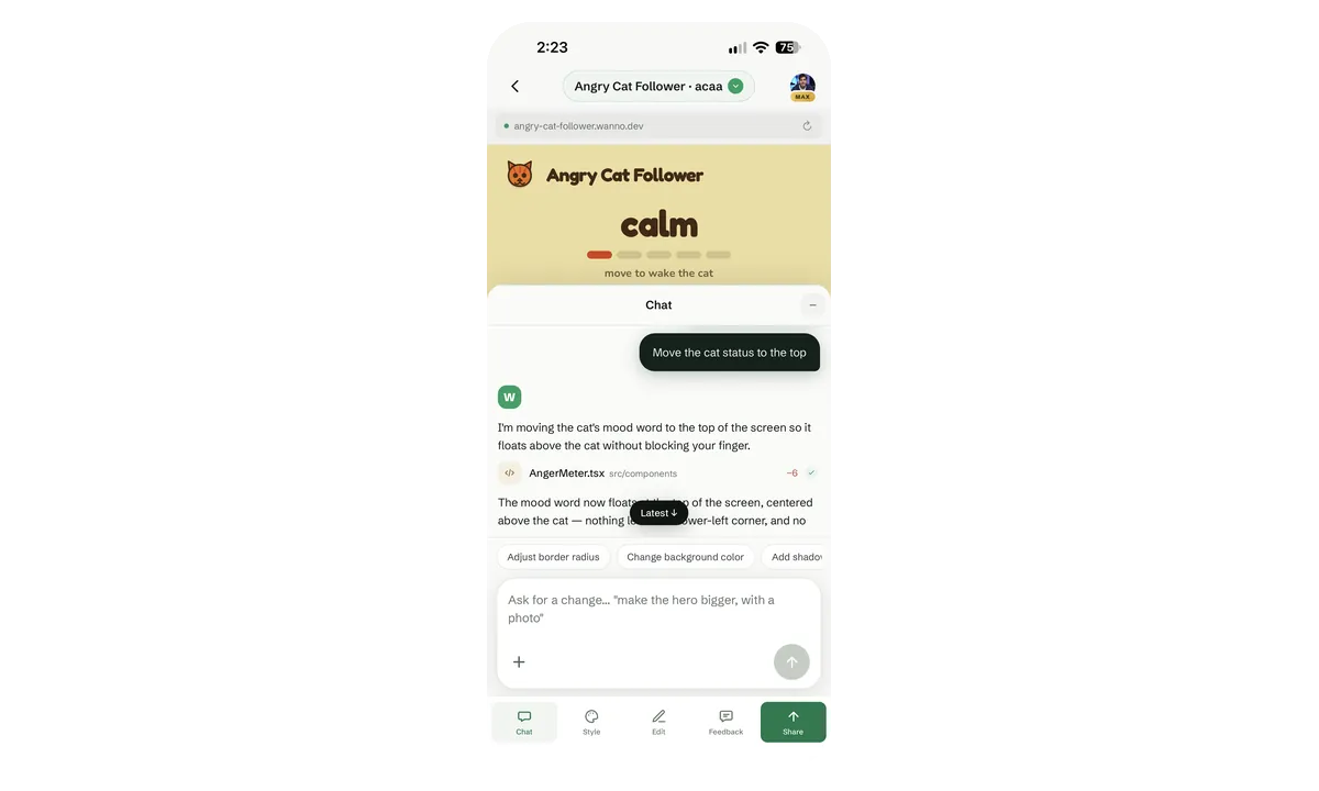 Chat asking to move the cat status to the top, with the diff shown
