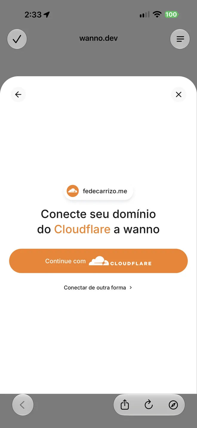 Tela Conecte seu domínio do Cloudflare a wanno com o botão Continue com Cloudflare