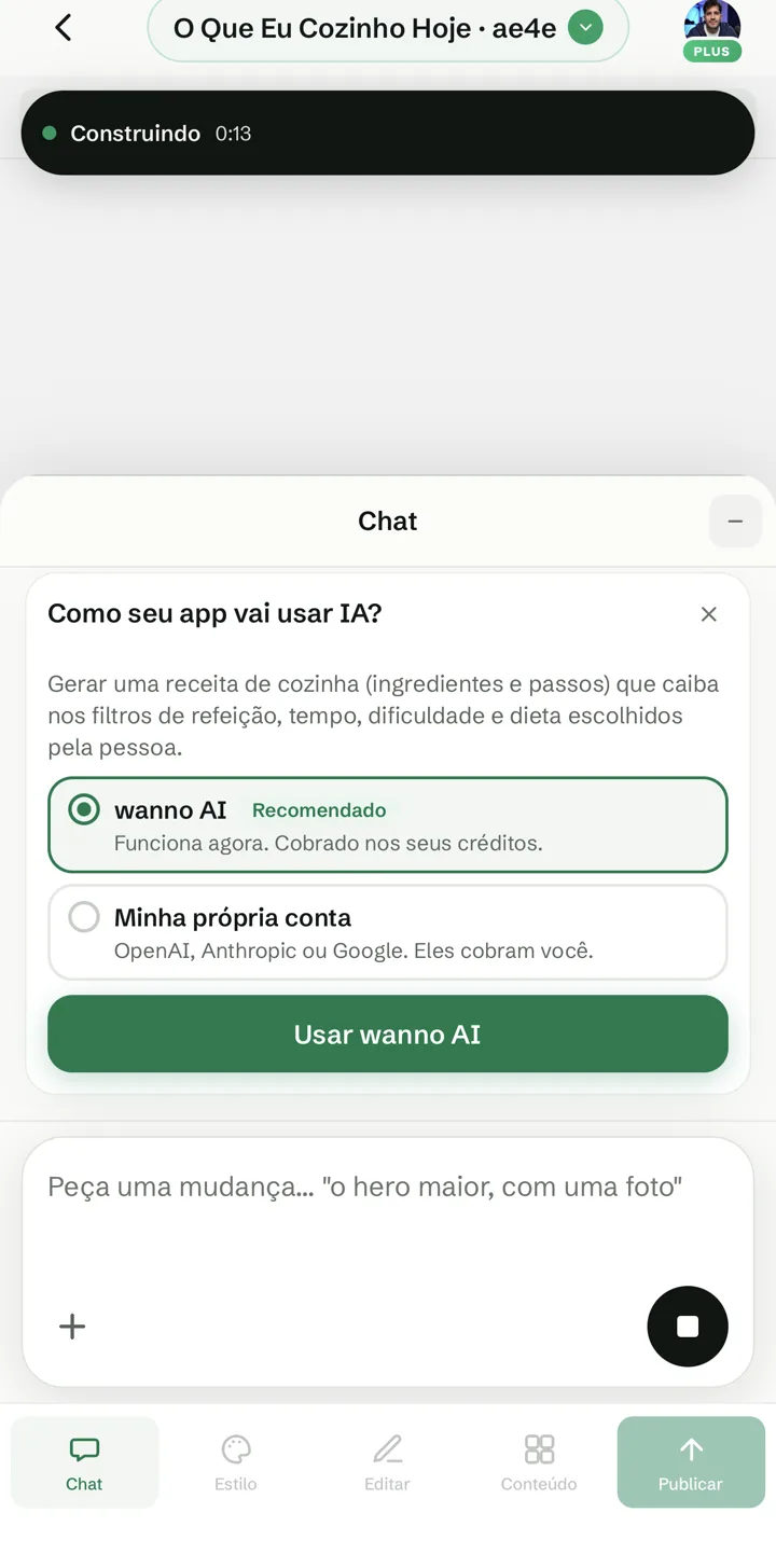 Cartão “Como seu app vai usar IA?” com a opção wanno AI selecionada