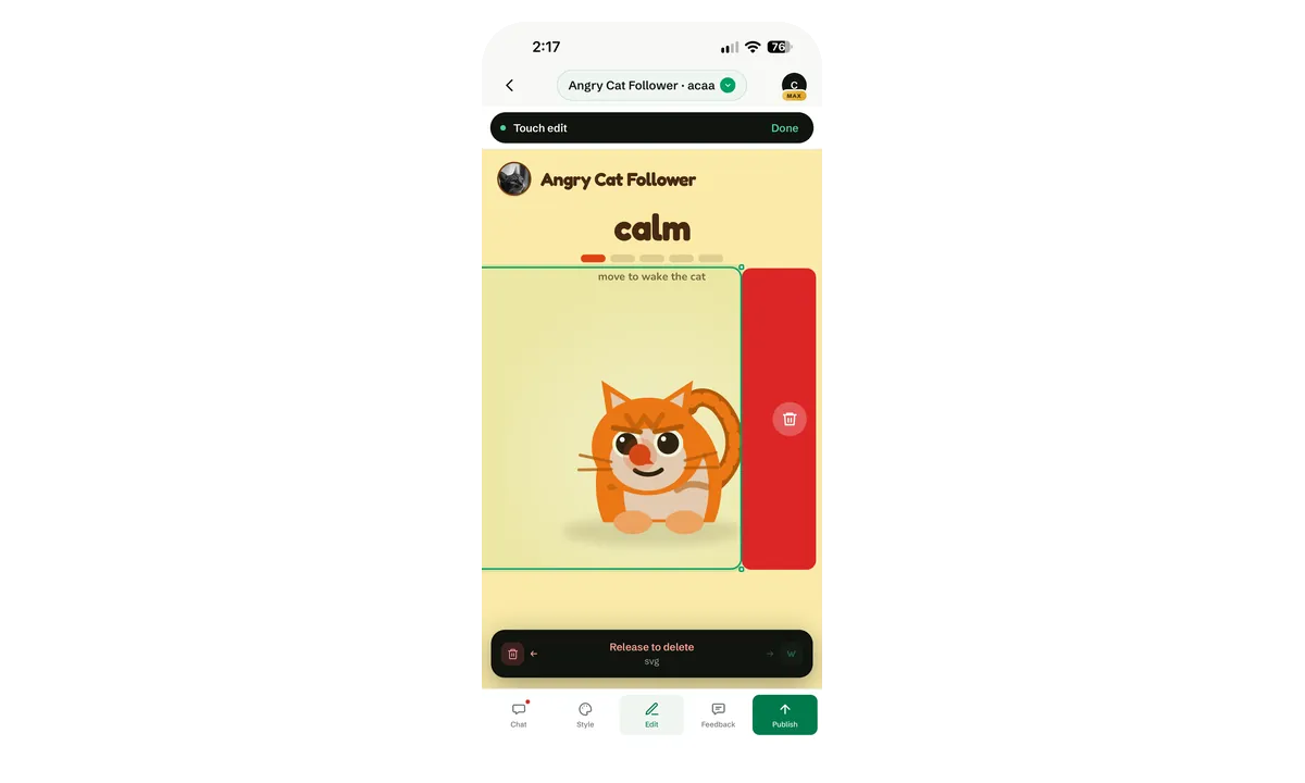 Swiping left on the cat section reveals a red delete panel